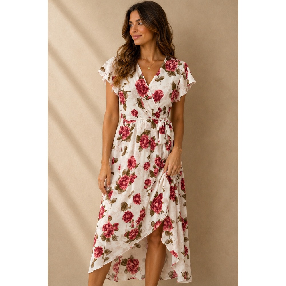 Dream of Me Women Maxi Dress XL White Red Floral Wrap High-Low Flutter Sleeve